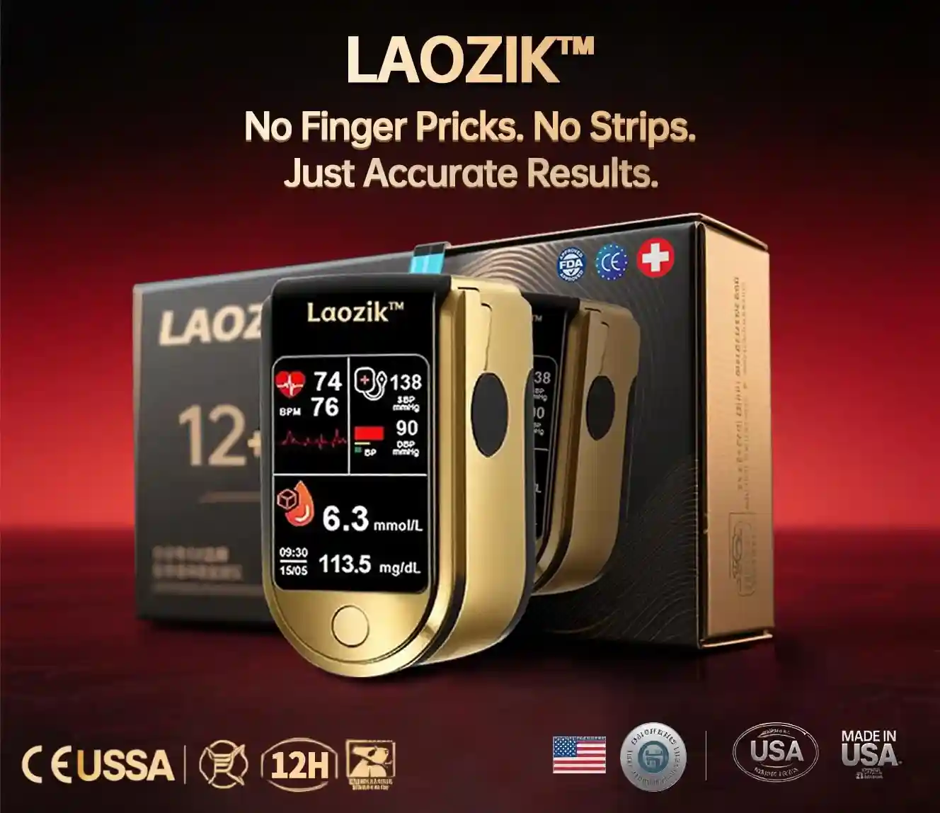 LaozikTM Professional 12in1 Glucose & Vital Signs Monitor-Painless, Fast, Precise& FDA-Backed (Made in California, USA)